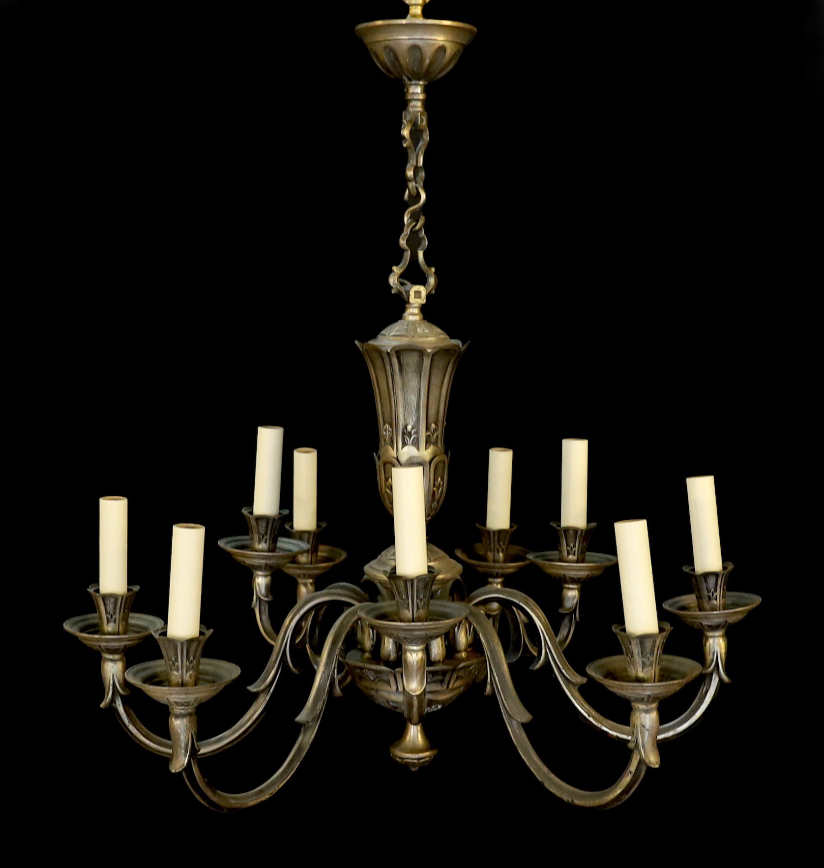 A 1920s French silver bronze nine light chandelier, drop 74cm. width 66cm